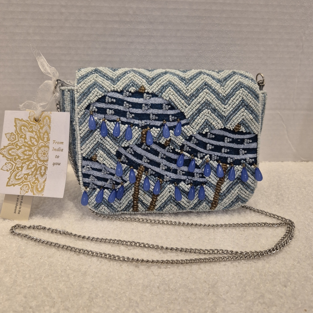 Blue Beaded Clutch with Chain Strap